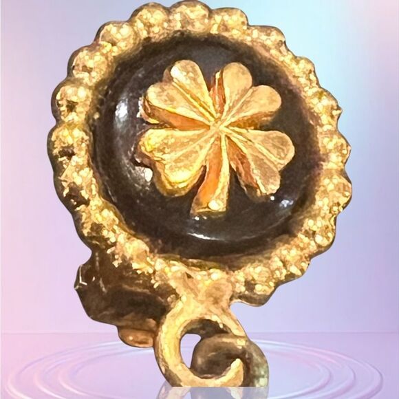 Auth Vintage CHANEL Clover Pearl Drop Clip-On Earrings Black/Gold Used F/S - Picture 2 of 5